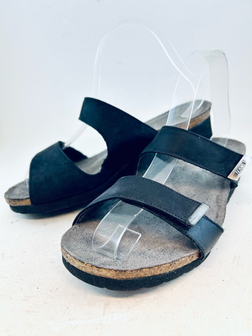 Naot Black Nubuck Leather Jacey Adjustable Double Strap Wedge Sandals 8 WIDE